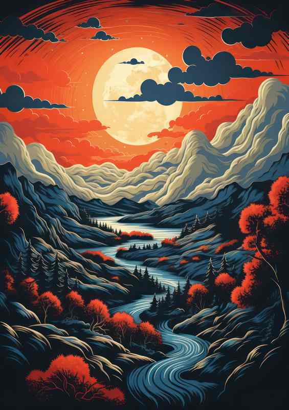 Illuminated Peaks Sunset’s Glory Over Mountains and River | Poster