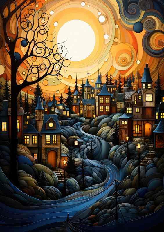 Midnight Marvel Starry Canopy Above Quiet Village | Metal Poster