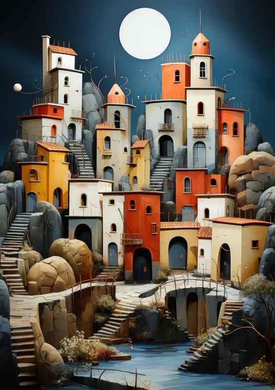 Moon light over the village | Metal Poster