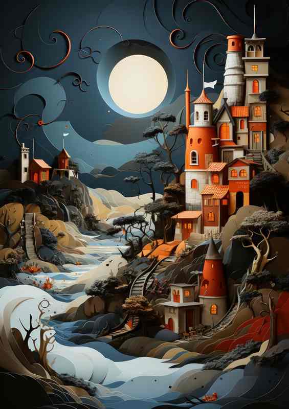 Moonlit Harmony Village by the Serene Sea | Poster