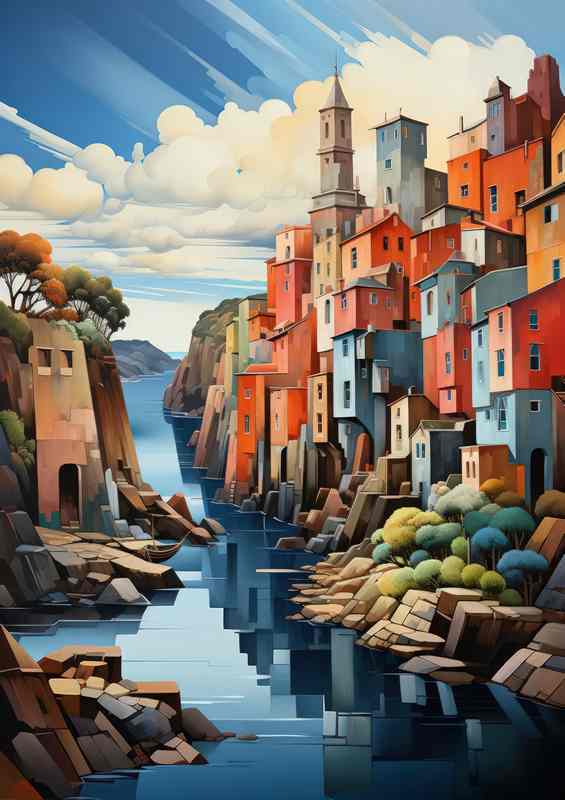 Pastel Perfection River Meanders Through Colorful Village | Poster
