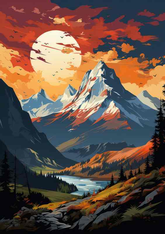 Radiant Tranquil Sunset Embracing Mountains & River | Poster