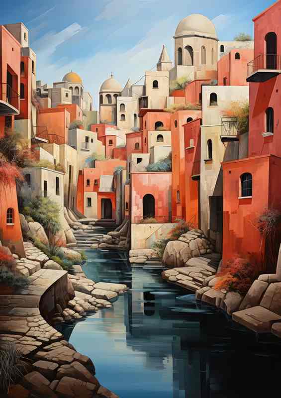 Serene Shades River Flows by Pastel Village | Metal Poster