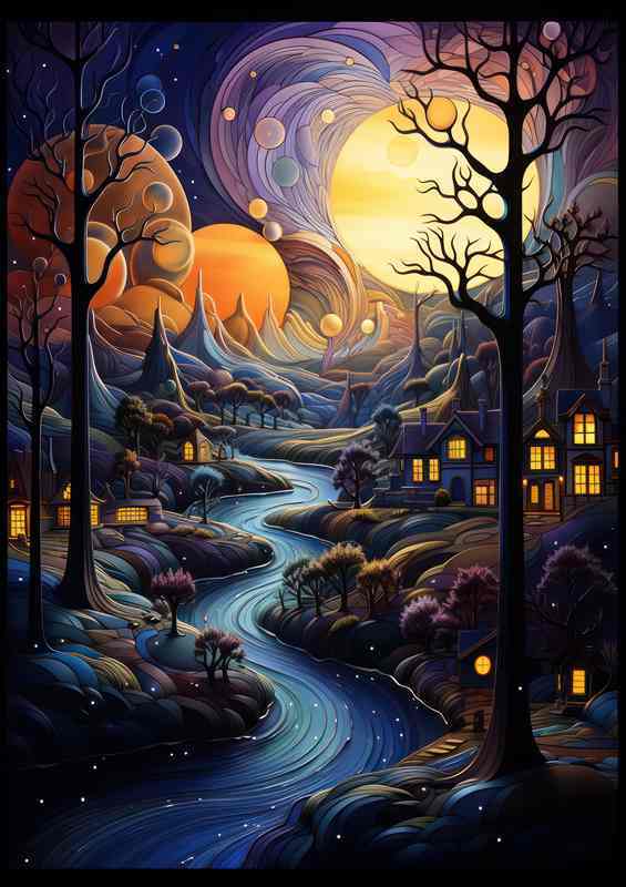 Silvery Whispers Stars Illuminate the Village Night | Poster
