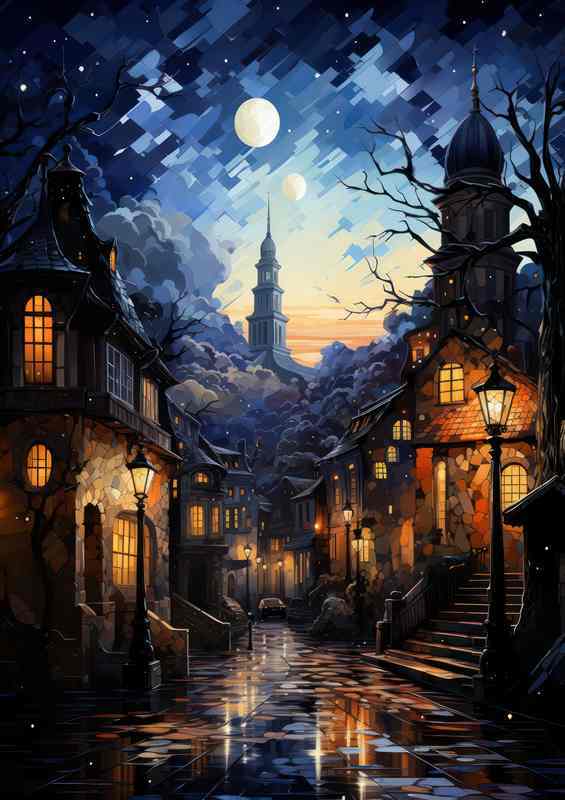 Sparkling Serenity Over the Starlit Village | Metal Poster