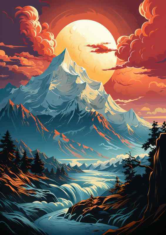 Tranquil Blaze Sunset’s Glow Over Rugged Mountains | Canvas