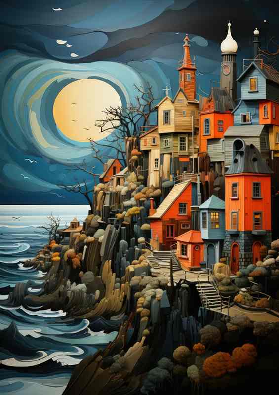 Tranquil Tides Village Rests by Night Sea | Metal Poster