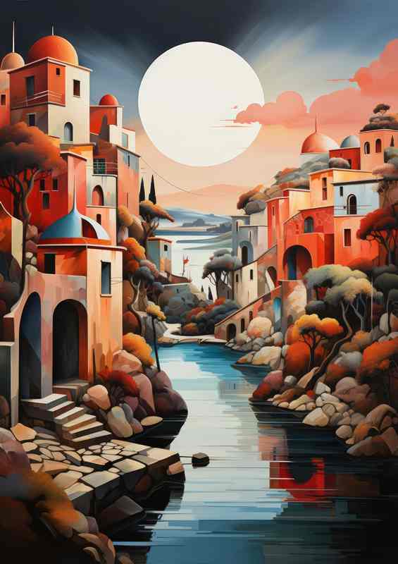 Tranquil Tones Pastel Village Alongside Gentle River | Metal Poster