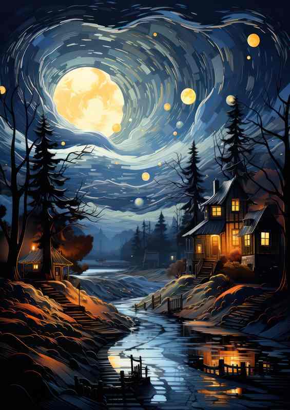 Twinkling Tapestry Over the Tranquil Village Night | Canvas