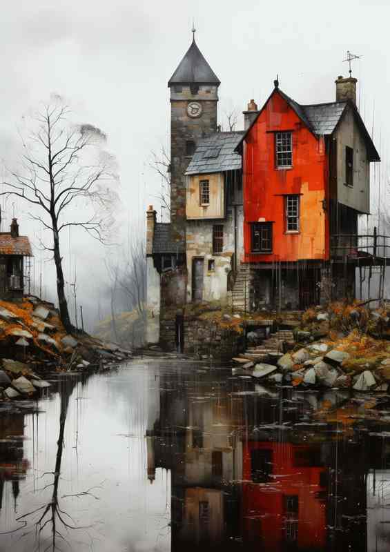 Village Life Along the Peaceful River Banks | Metal Poster