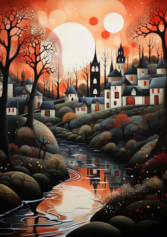 Water River Course Through Picturesque Village | Metal Poster