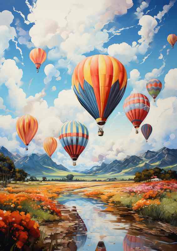 Whimsical Heights Playful Balloons Rising in the Sky | Metal Poster