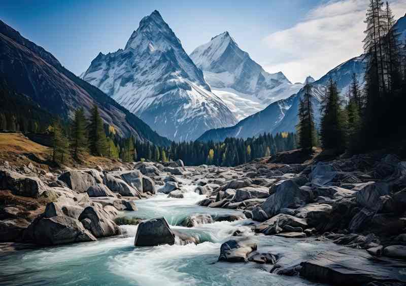 River Flows Mountian Skies | Poster