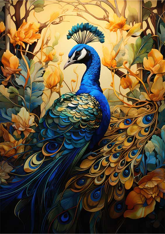 Feathered Influences Poster: Yellow & Blue Peacock