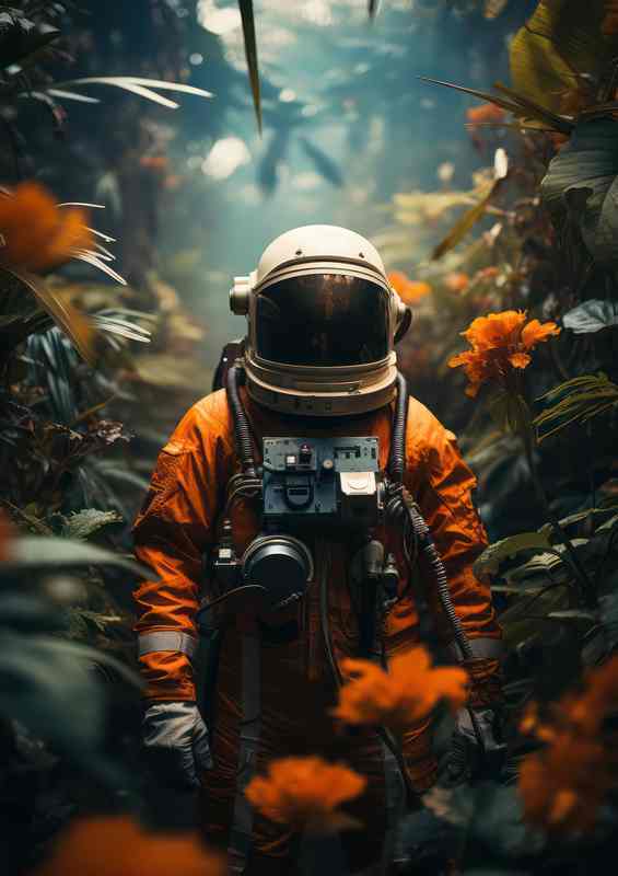 Astronaut Standing Next To Leaves In The Jungle | Canvas