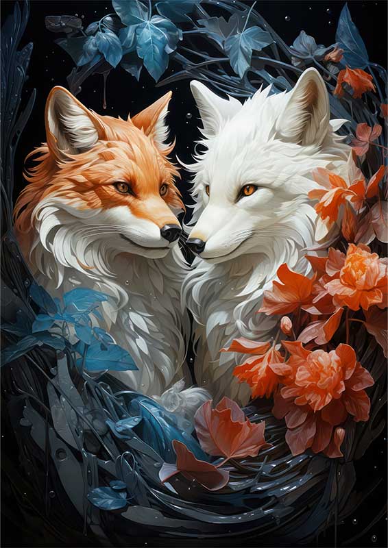 Foxes in love surrounded by flowers | Canvas
