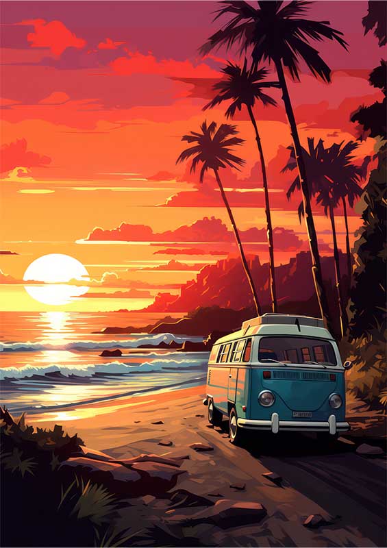 Camper Bus Sitting In The Sunset By The Beach | Poster