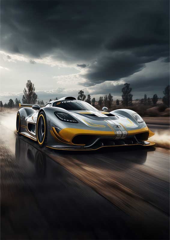 Grey And Yellow Sports Car Flying Along The Road | Metal Poster