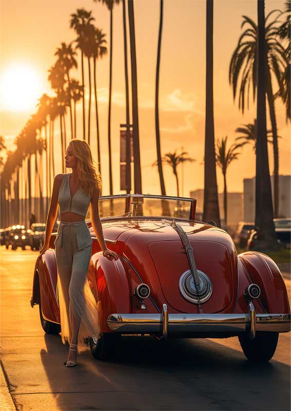 Lady Getting Out Of A Samll Red Sports Soft Top Car | Canvas