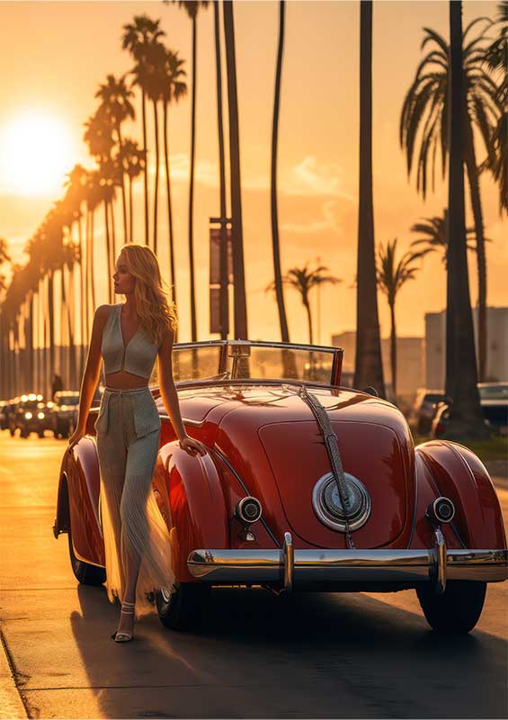 Lady Getting Out Of A Samll Red Sports Soft Top Car | Poster