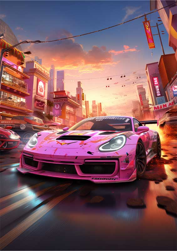 Pink Hot Porky Racing Car Sunset | Poster