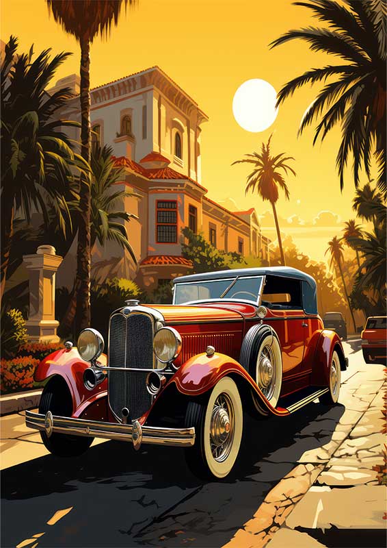 Red Vintage Parked Car In front Of Towering Palm Tree | Di-Bond