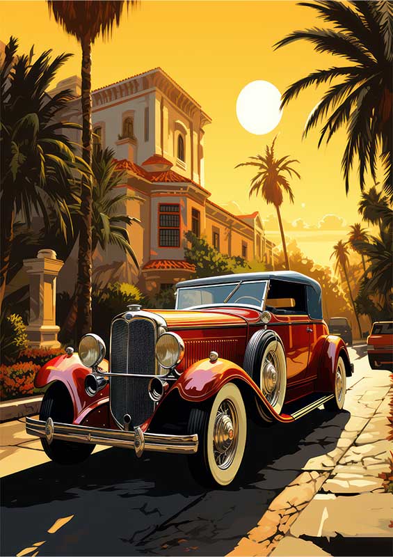Red Vintage Parked Car In front Of Towering Palm Tree | Poster