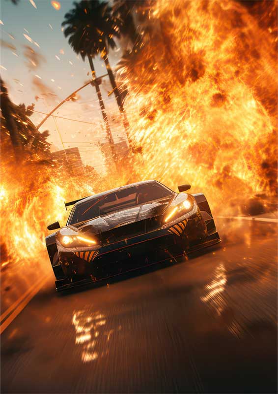 Super Car Driving Through The Streets Of Fire | Metal Poster