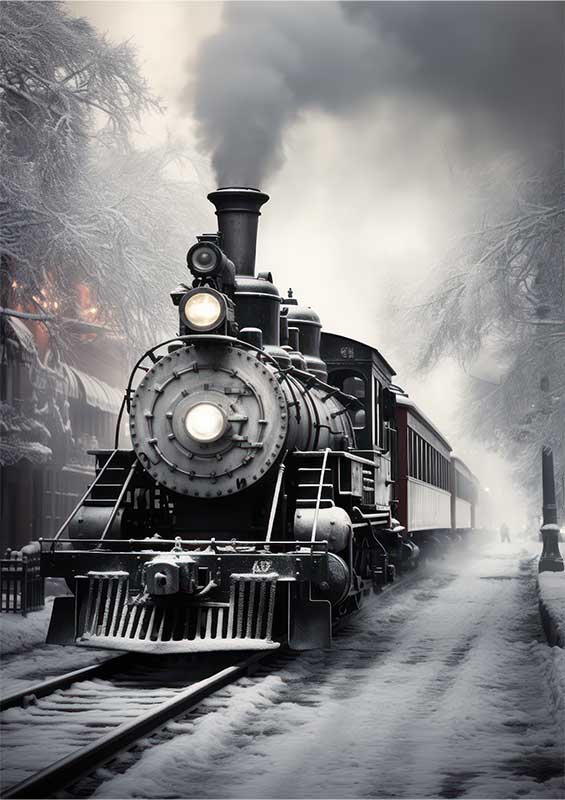 An Old Strem Train Leaving The Station In The Snow | Poster