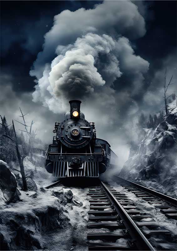 Black And White Steam Train Going Down the Track | Poster
