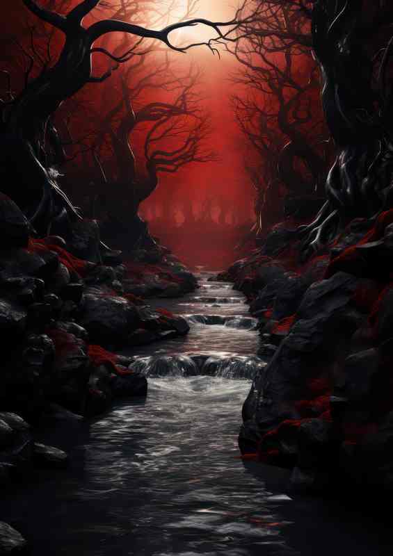 Dark Red Dusk with Forest Silhouettes | Metal Poster