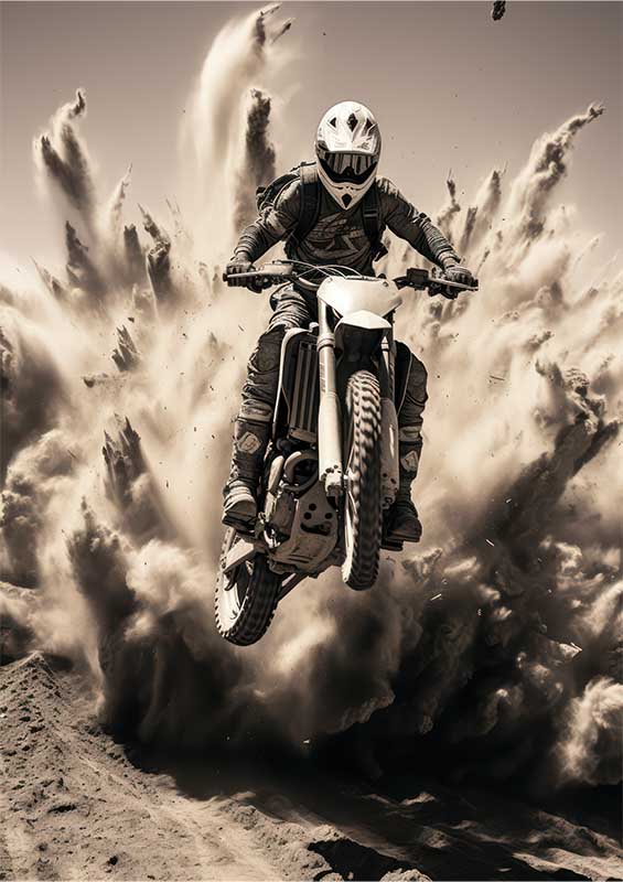 Dirt Bike Flying With Explosion Black And White | Poster
