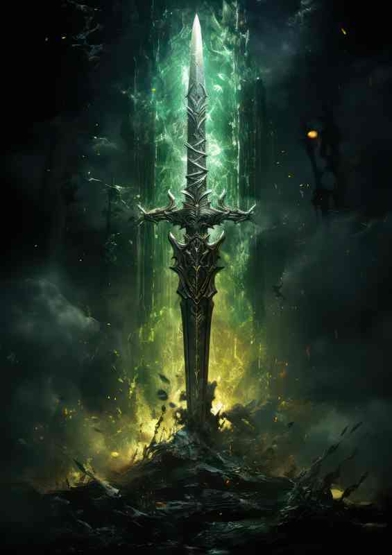 Green sword on top of water with splashes | Canvas