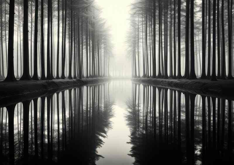 Monochrome Serenity Trees by Reflecting Waters | Canvas