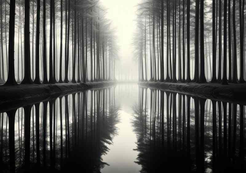 Monochrome Serenity Trees by Reflecting Waters | Metal Poster