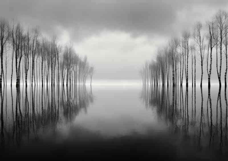 Quiet Waterside Reverie Reflecting Trees in black and white | Poster