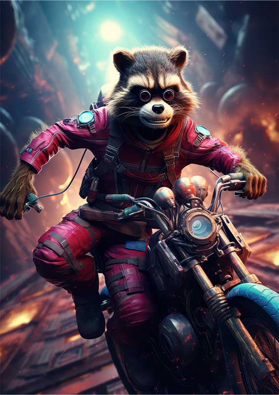 Racoon Riding On A Motorbike Through The Streets | Poster