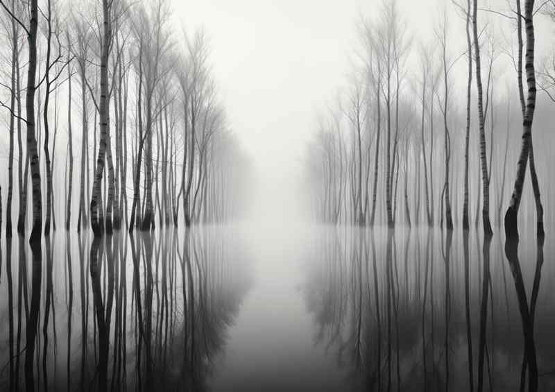 Waters Reflective Embrace Monochromatic Trees | Metal Poster