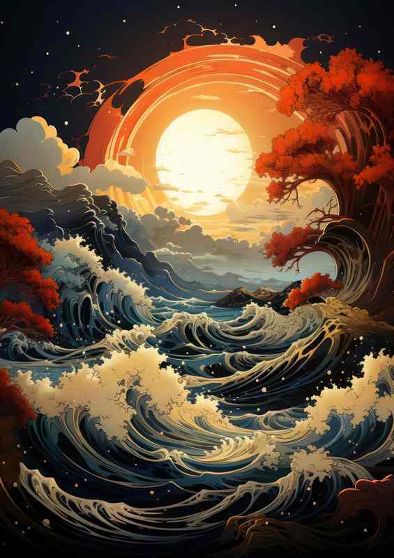 Crimson Moonrise Turbulent Sea Beneath | Poster