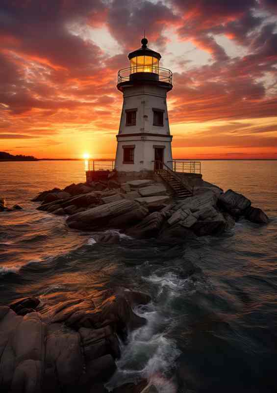 Dusks Embrace Lighthouse in Sunset Glow | Poster