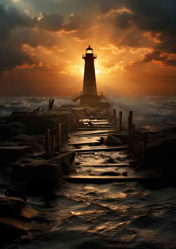 Gilded Horizon Lighthouse in Golden Skies | Canvas