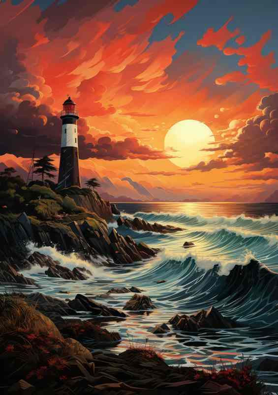 Golden Hour Glow Lighthouse at Sunset | Poster