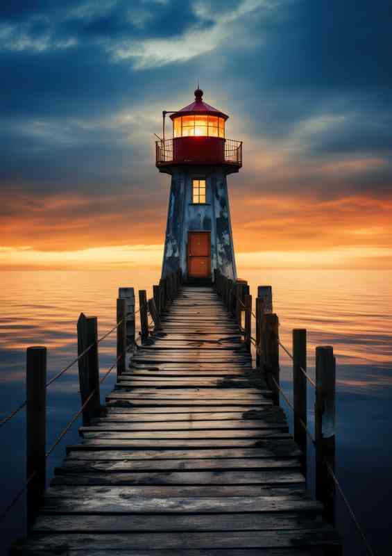 Lighthouse in the Golden Sky Glows | Metal Poster