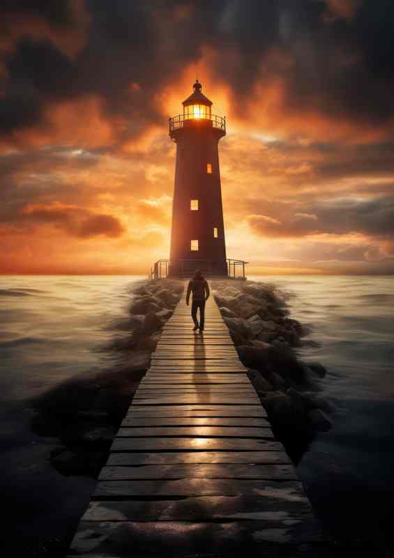 Radiant Horizon Lighthouse Beneath Golden Skies | Canvas