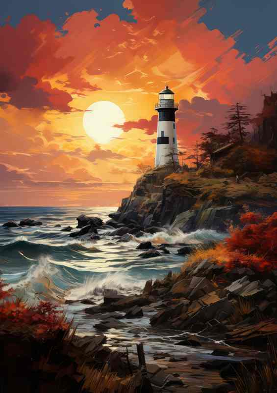 Sunset Serenity Lighthouse on the Coast | Poster