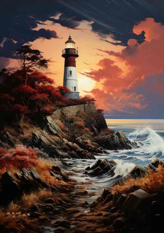 Sunsets Radiance Lighthouse by the Sea | Poster