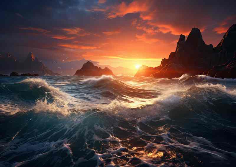 Stormy Evening Seas Fiery Sunset Battle | Poster