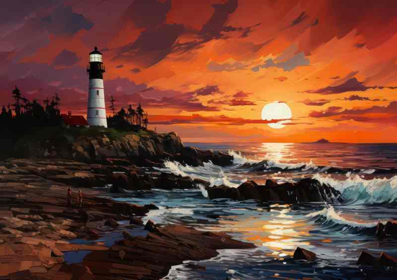 Sunset Beacon Lighthouse in Evening Glow | Poster