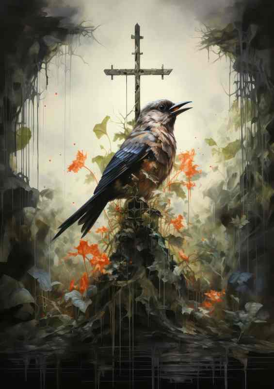 Divine Aviary Birds and Flowers Surrounding the Holy Cross | Poster