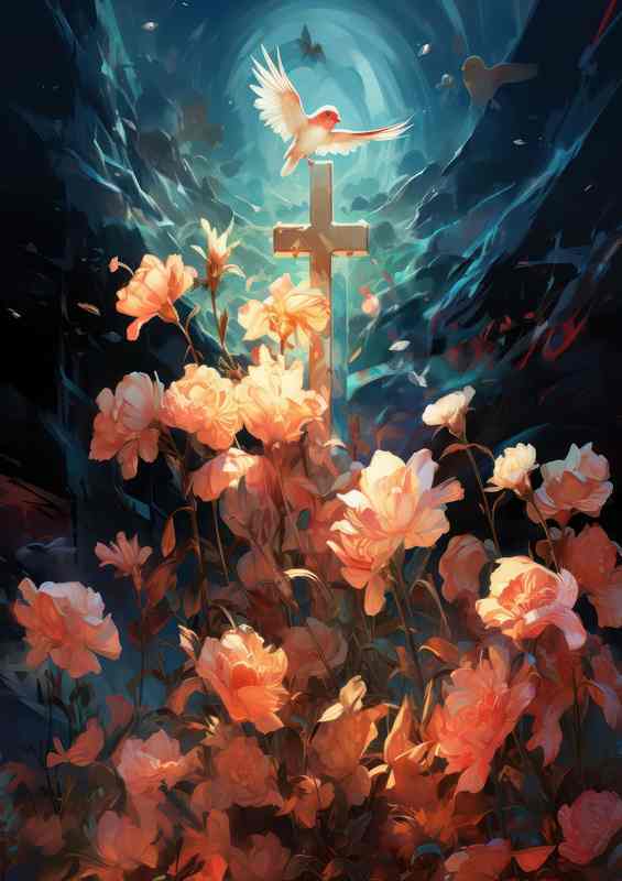 Heavenly Flora and Fauna The Cross Amidst Birds and Flowers | Di-Bond